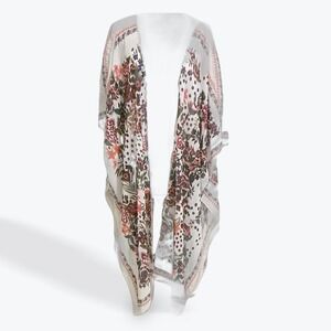 FEITONG Womens Floral Polka Kimono Wrap Open Front Cardigan White Pink One Size